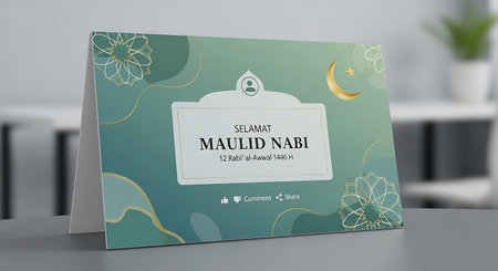 A beautiful Islamic greeting card celebrating Maulid Nabi with elegant design elements and crescent moon motifの素材