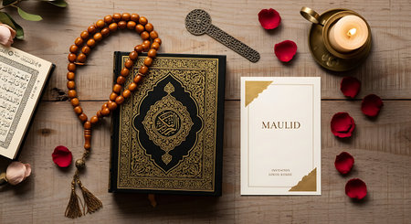 A Quran, prayer beads, and rose petals are arranged on a wooden surface. A serene and spiritual image.の素材