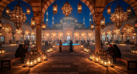 A stunning view of an Islamic courtyard at dusk decorated with numerous glowing lanterns for a festive Ramadan celebration creating a warm and spiritual atmosphere.の素材