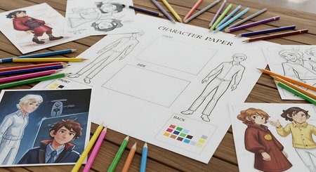 A creative workspace featuring Harry Potter character design sheets, colored pencils, and finished character illustrations, perfect for fans and artists.の素材