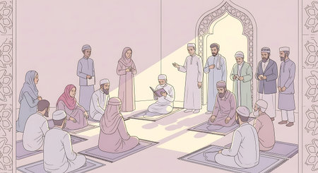 An illustration depicting a group of Muslim men and women gathered inside a mosque, engaged in prayer and religious education, with some individuals seated on prayer mats and others standing.の素材