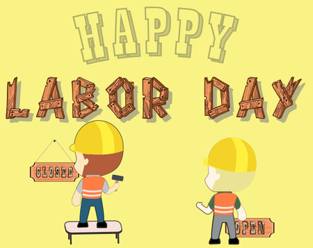 Vector of a worker putting up a "close" sign under the text of labor day with a wood textureのイラスト素材