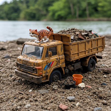 Truck with plastic waste on the river bank. Environmental pollution concept.の素材
