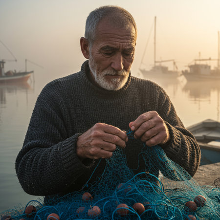 Fisherman with fishing nets on the background of the port.の素材