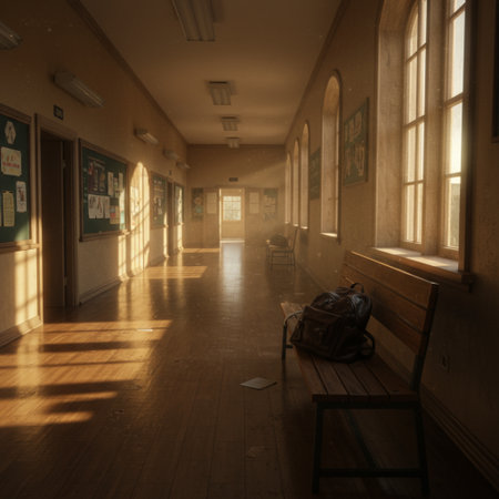 Interior of an old school building with a bench and a backpackの素材