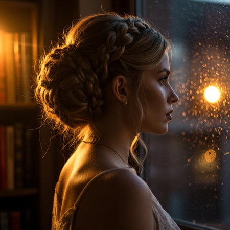 portrait of beautiful girl with braids looking through the window at nightの素材