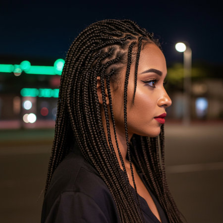 beautiful african american woman with dreadlocks hairstyle at nightの素材