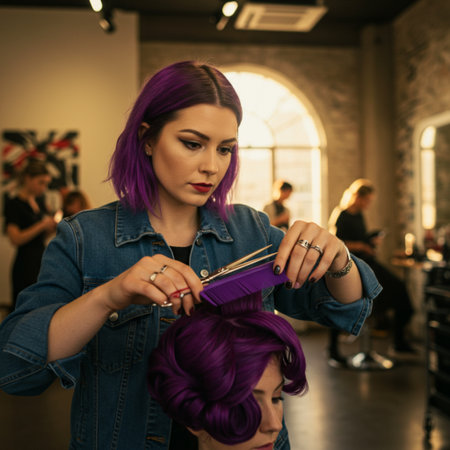 Beautiful girl with purple hair in a hairdresser salonの素材