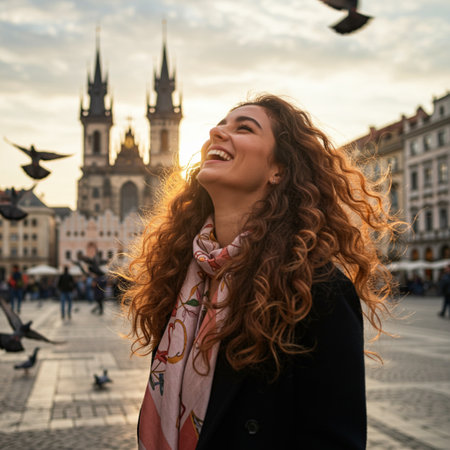 Portrait of a happy young woman with long curly hair in front of the Church of Our Lady before Tyn in Prague, Czech Republicの素材