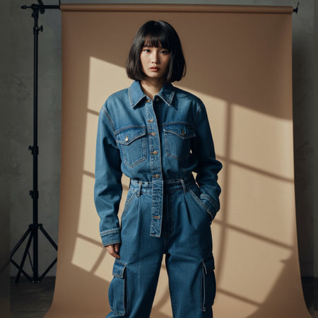 Portrait of a beautiful young woman in a denim overalls.の素材