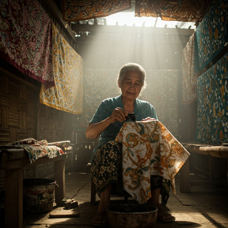 Senior Burmese woman in traditional clothes at her home.の素材