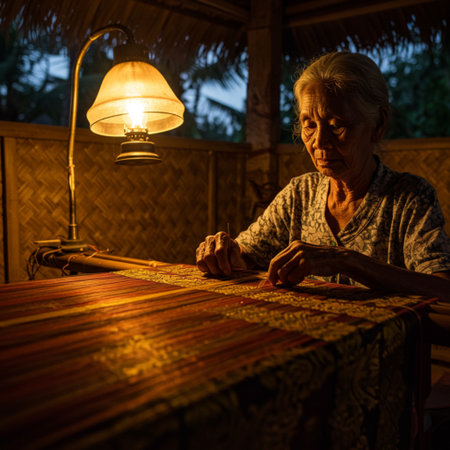 Old woman weaving a bamboo curtain in her home. Selective focus.の素材