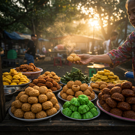 Unidentified Burmese woman selling sweets at street market in Mandalay, Myanmar.の素材