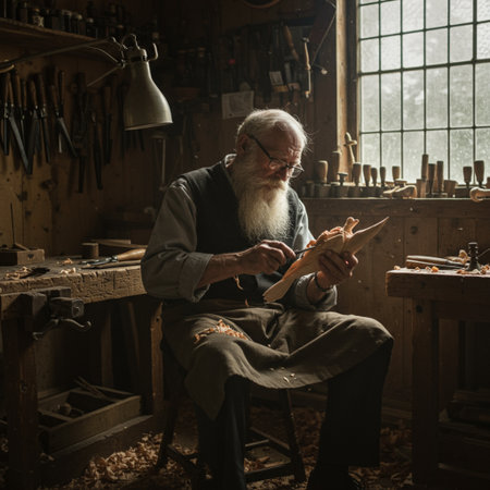 Old craftsman working in his carpentry workshop. Old man working with wood.の素材