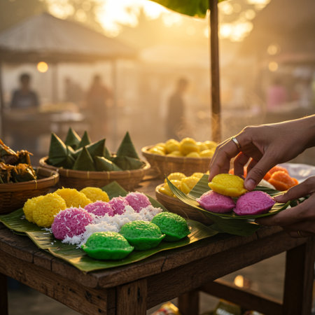 Thai dessert in banana leaf on wood table in morning light.の素材