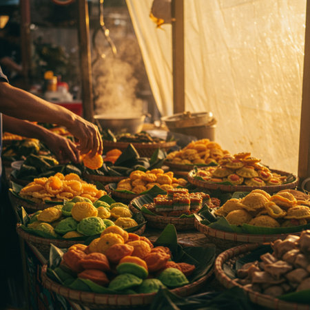 Hand of Thai man selling sweets at street food market in Bangkok, Thailandの素材