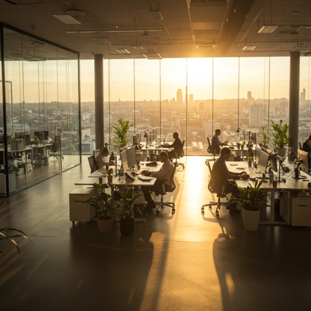 Silhouettes of business people working in a modern office at sunsetの素材