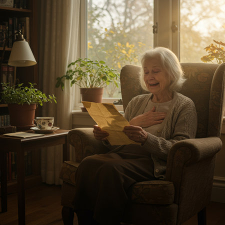Senior woman reading a book in an armchair at home in the eveningの素材