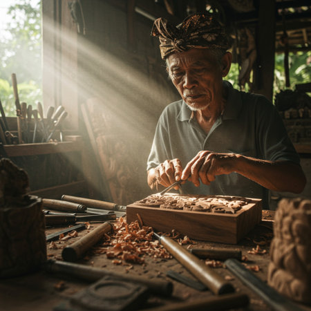 Old craftsman working with wood in his workshop. Vintage style.の素材