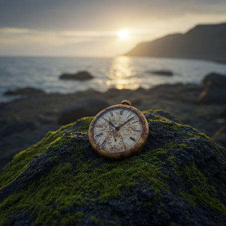 Vintage Pocket Watch on the Rocks near the Sea at Sunset Timeの素材