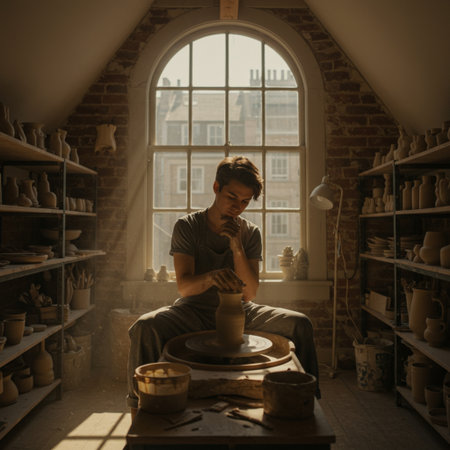 Potter working on a pottery wheel in a pottery workshopの素材