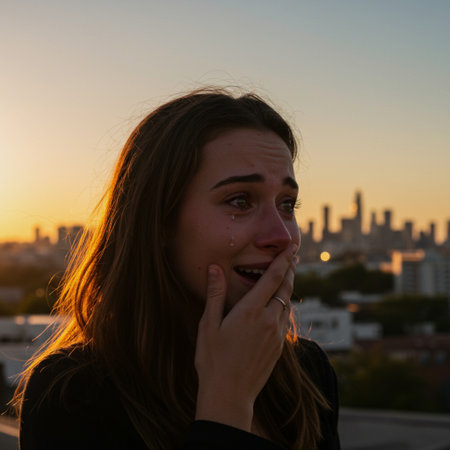 Portrait of a beautiful girl with long hair in the city at sunsetの素材