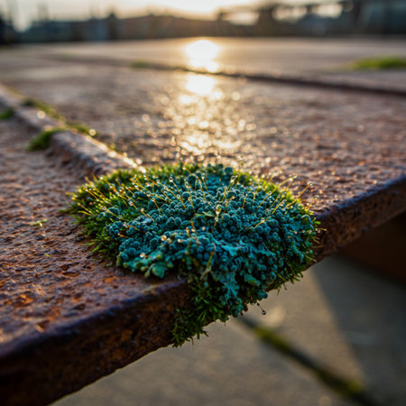 Moss on the railings of a bridge at sunset in autumnの素材