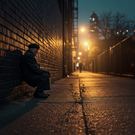 Man sitting on the sidewalk in front of a brick wall in the eveningの素材