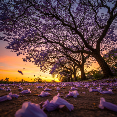 Beautiful blooming tree with purple flowers at sunset time in Thailandの素材