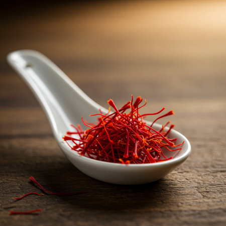 Saffron in white ceramic spoon on wooden table. Shallow depth of fieldの素材
