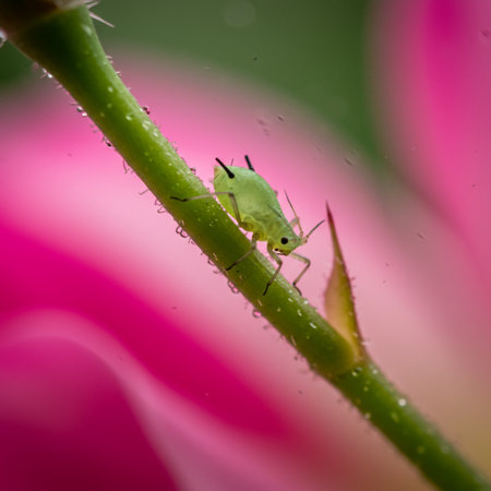Green aphid on pink rose in the rain. Macro shot.の素材