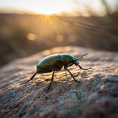 Beetle on a rock in the rays of the setting sunの素材