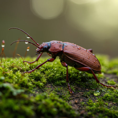 Macro photo of a beetle on a green moss with a blurred backgroundの素材
