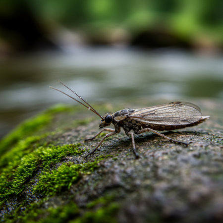 Close up of a bug on a rock at the edge of a riverの素材