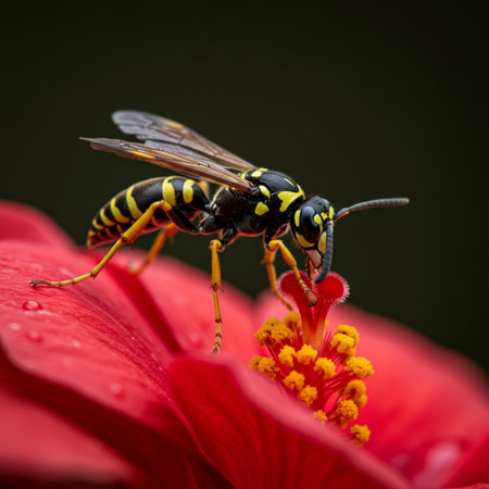 Wasp on a red hibiscus flower in the gardenの素材
