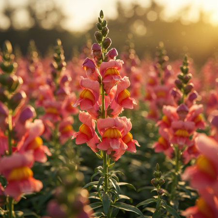 Colorful snapdragon flowers blooming in the garden at sunset.の素材