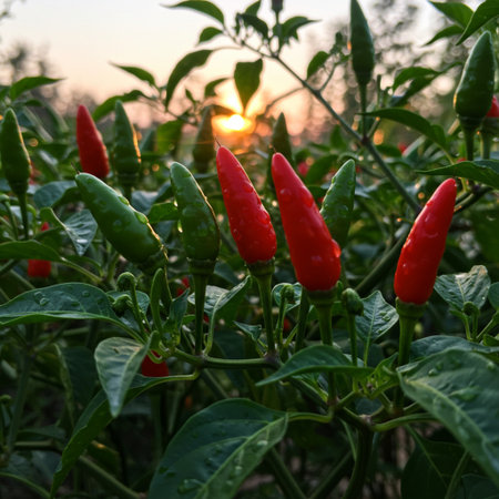 Red hot chili peppers on the bush in the garden at sunset.の素材