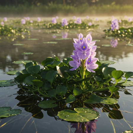 Water Hyacinth flower blooming on the lake in morning.の素材