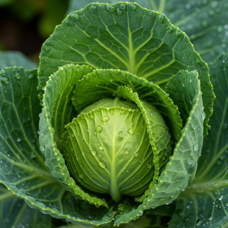 Close up of fresh green cabbage with water droplets in vegetable gardenの素材