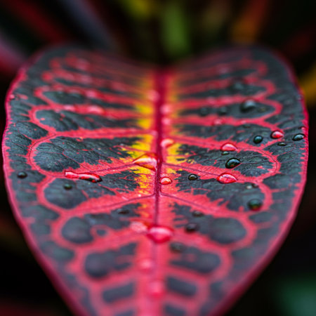 Close up of red leaf with water drops after rain in the gardenの素材