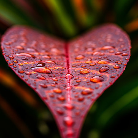 Water drops on a red leaf. Macro shot. Nature background.の素材