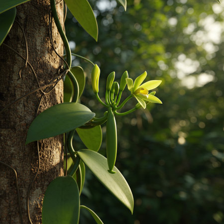 Close up of green orchid growing on tree in the garden.の素材