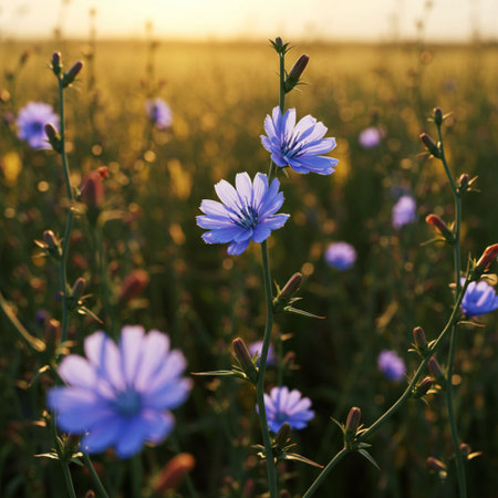 Chicory flowers blooming on a meadow at sunset.の素材