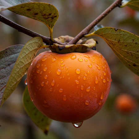 Ripe persimmon on a branch with water drops after rainの素材