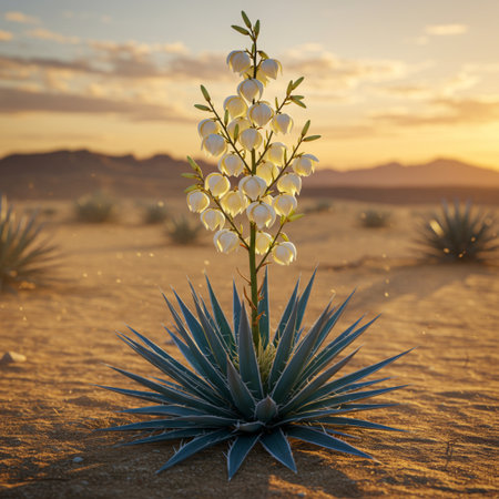Beautiful Yucca plant in the Mojave Desert at sunset.の素材