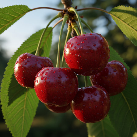 Ripe red cherries on a tree branch in a garden.の素材