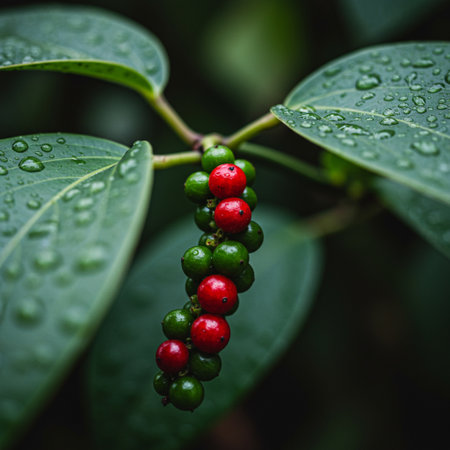 Pepper berries with raindrops on the leaves in the garden.の素材