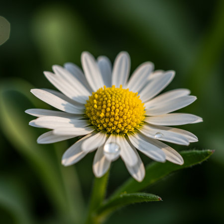 White daisy flower with water drops on petals and green leavesの素材