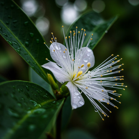 White flower with water drops on green leaves background. Shallow depth of fieldの素材