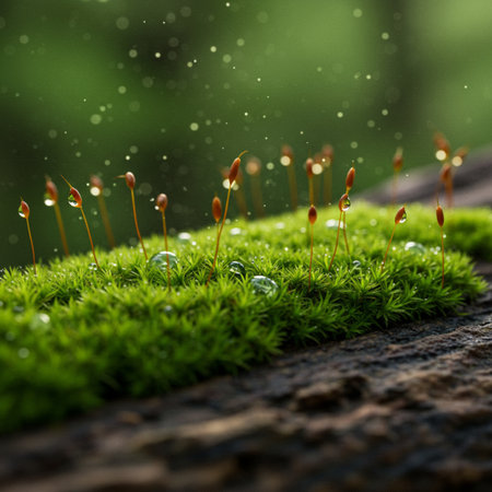 Close up of moss growing on a tree trunk with water dropletsの素材